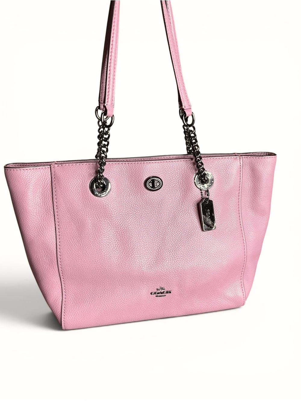 NWT Coach 57107 Turnlock Chain Tote 27 Polish Pebble Leather Dusty Rose Handbag